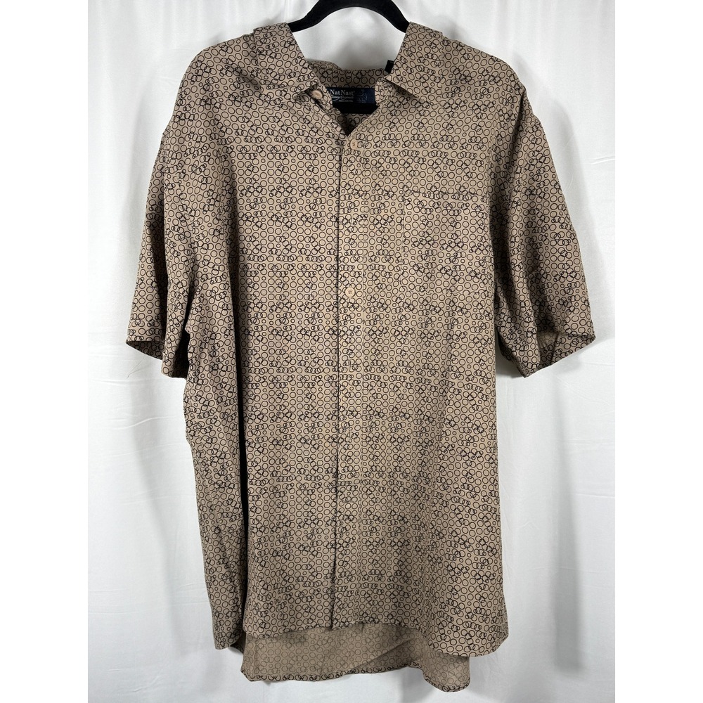 Nat Nast Luxury Originals Mens‎ XL Silk Lyocell Geometric Circle Print Shirt Tan
